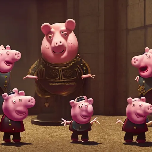 Prompt: Peppa pig as Emperor Napoleon in Gears of War, splash art, movie still, cinematic lighting, dramatic, octane render, long lens, shallow depth of field, bokeh, anamorphic lens flare, 8k, hyper detailed, 35mm film grain