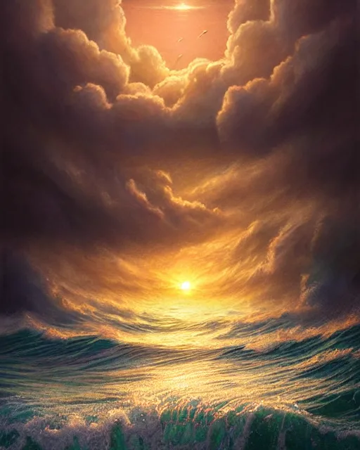 Image similar to highly open sea with big waves, sunset, hyper realistic, artstation, illustration, nicoletta ceccoli, mark ryden, lostfish, dan decarlo, bob clampett, max fleischer, digital paint, matte paint, vivid colors, detailed and intricate environment