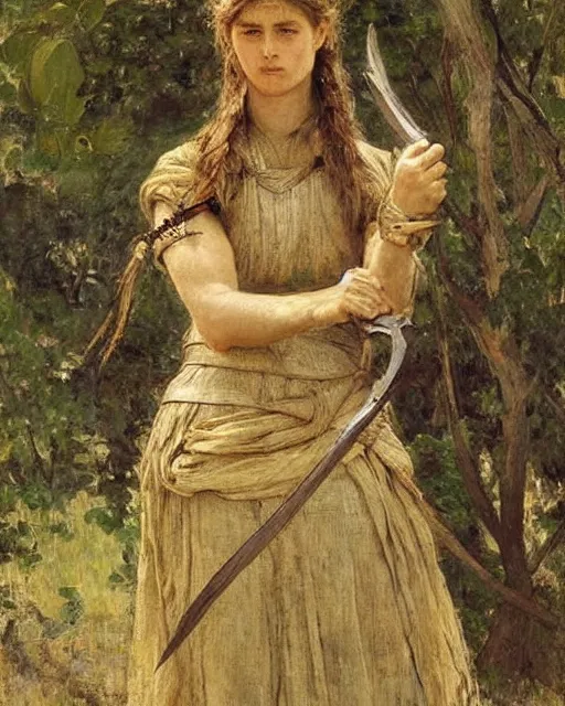 Image similar to a beautiful and strong female warrior by Jules Bastien-Lepage and Laura Sava