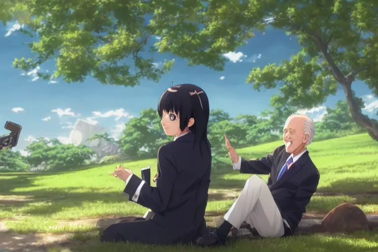 Image similar to photorealistic Joe Biden meets a beautiful smiling anime girl with black hair and hime cut sitting under a tree, anime key visual, digital art, anime screenshot, kyoto animation, makoto shinkai, trending on artstation