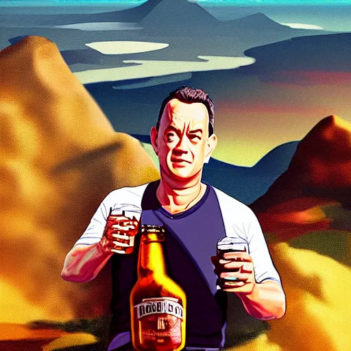 Prompt: Tom hanks at the top of a mountain, scenic view, holding a beer!!, digital art, gta 5 cover art, trending on artstation