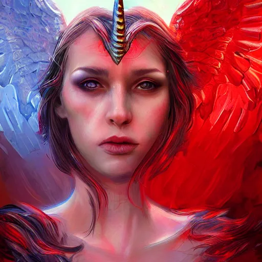 Image similar to woman - unicorn hybrid red angel - wings, stunning, realistic, symmetric portrait, face, intricate, very detailed, fantasy digital art, trending in artstation, marc simonetti