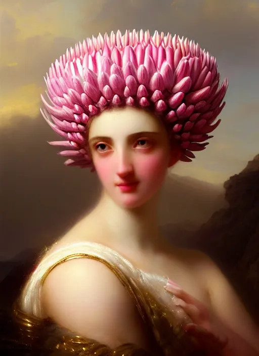 Image similar to stunning italian godess princess, detailed pink and white protea head peace against a black backdrop by ivan aivazovsky, wlop, super sharp details, photorealism, 5 0 mm lens, oil painting, beautiful soft lighting, muted colours, artstation