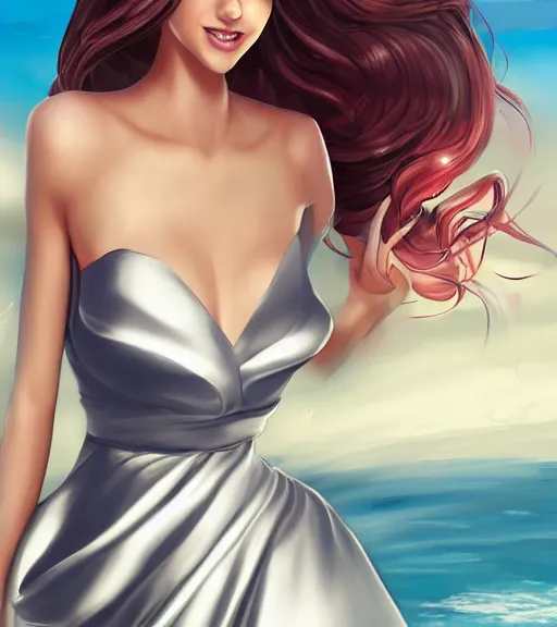 Image similar to beautiful princess in a satin dress on the beach drawn by artgerm