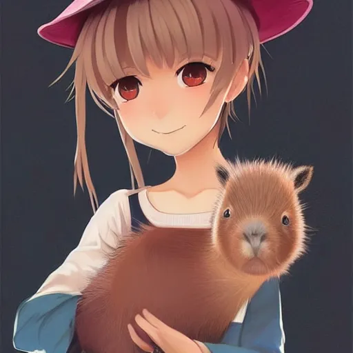 Image similar to full body portrait character concept art, anime key visual of a little witch with her capybara mascot, fine - face, audrey plaza, realistic shaded perfect face, fine details. anime. very strong realistic shaded lighting poster by ilya kuvshinov katsuhiro otomo ghost, magali villeneuve, artgerm, jeremy lipkin and michael garmash and rob rey