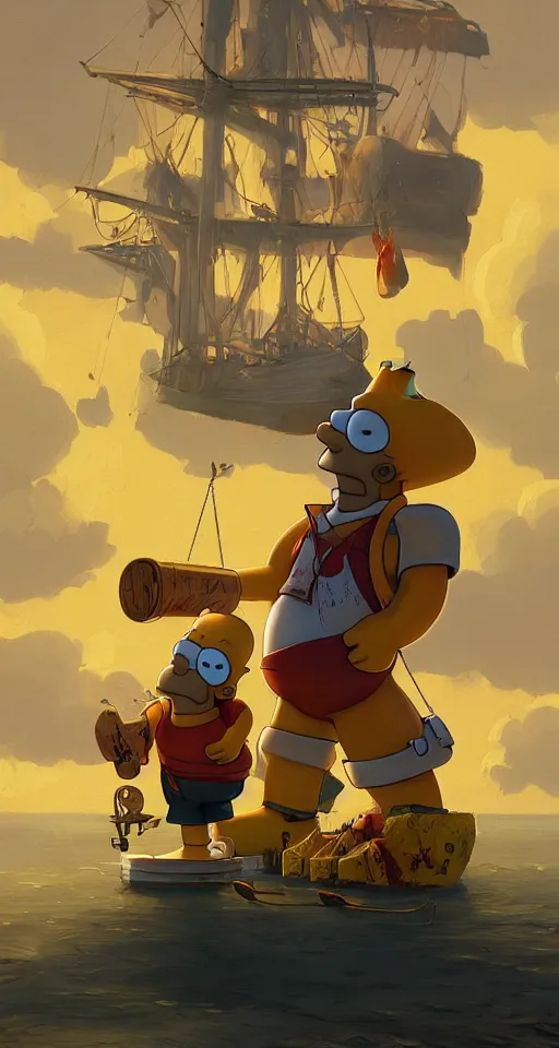 Image similar to homer simpson as a pirate art by Greg Rutkowski, Simon Stalenhag, trending on Artstation, CGSociety