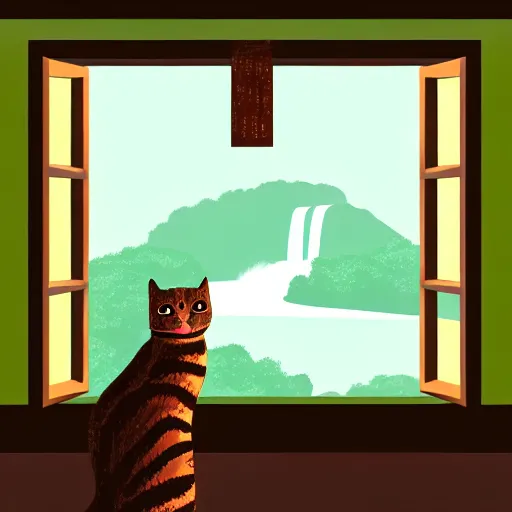 Image similar to a beautiful landscape including a waterfall and a forest through a window, cat sitting on the edge of the window, illustration, digital art, trending on artstation, no signature