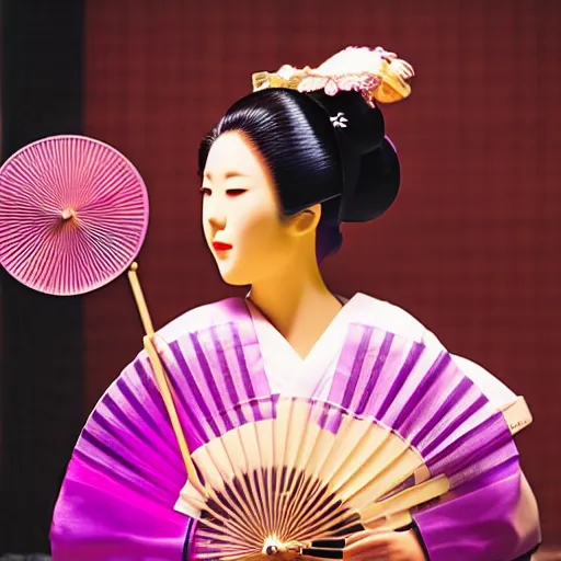 Image similar to Japanese geisha with beautiful violet paper fan, 4k photography, 30 mm lens, cinematic light, warm atmosphere, in style of Kar Wai Wong, cigarette smoke trail