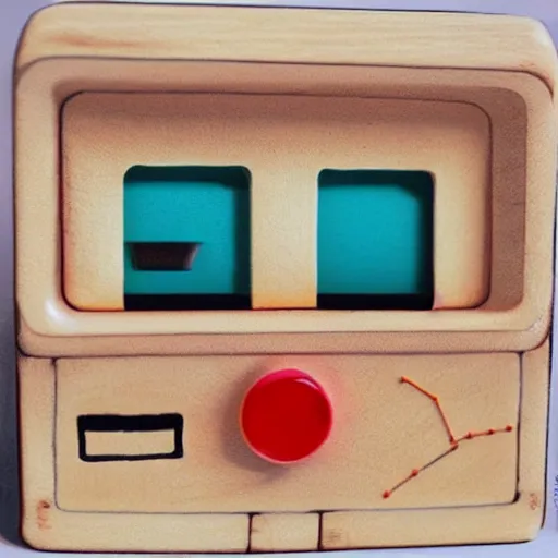 Image similar to polaroid of a cute toy computer made from wood and thread