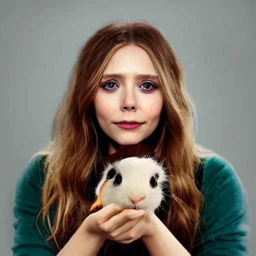 Prompt: Elizabeth Olsen holding a guinea pig in her hands, photorealistic, 4k, 8k, trending on artstation