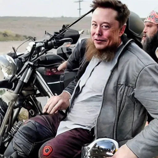 Prompt: elon musk wearing a long beard joining the mujahideen while riding a motorcycle, sharp focus, smooth, fine details