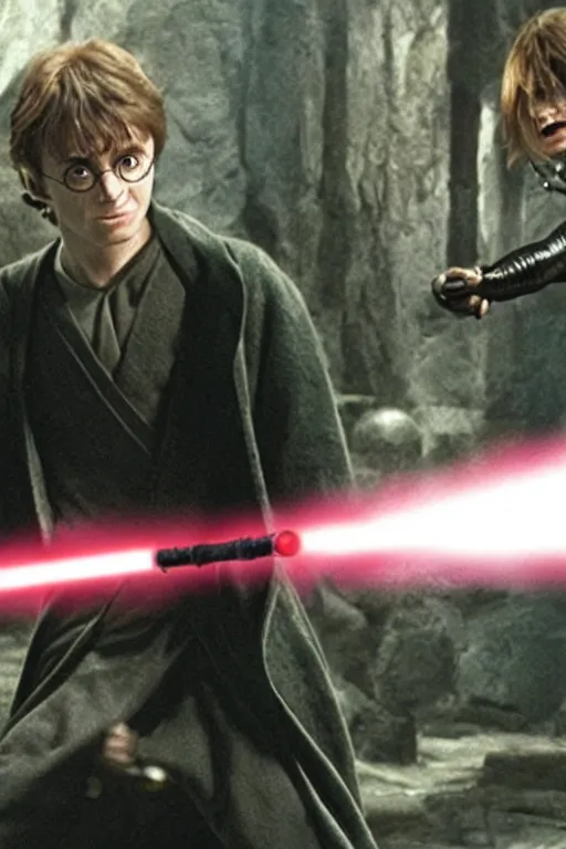 Prompt: Harry Potter fighting Voldermort with a lightsaber, Still from Star Wars,