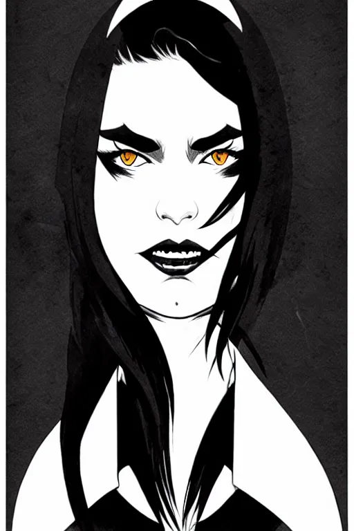 Prompt: black and white silhouette of a female vampire - hunter, logo, ink drawing, art by jc leyendecker and sachin teng