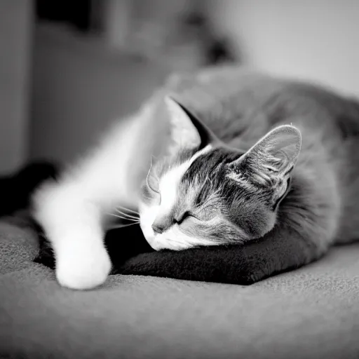 Prompt: snowshoe cat sleeping on a lap, b & w photograph, high resolution,