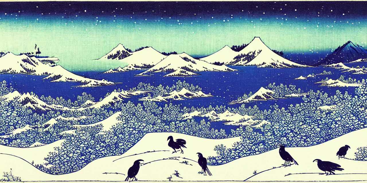 Image similar to laurentian appalachian mountains in winter, unique, original and creative landscape by hokusai, snowy night, distant town lights, aurora borealis, deers, ravens and crows, footsteps in the snow, brilliant composition, fascinating textures