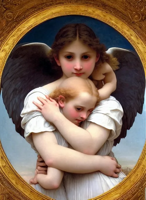 Image similar to a young girl holding the head of a monster, flying in the sky surrounded by angels, extremely realistic and highly detailed painting by william - adolphe bouguereau and caravaggio, soft light, gold ratio