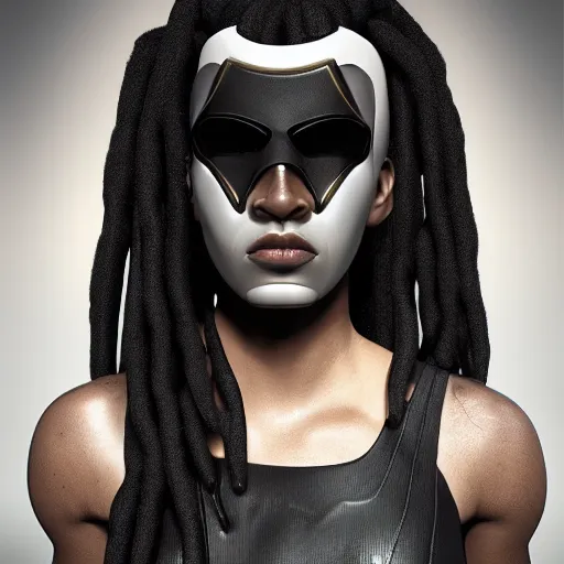 Image similar to a portrait of a beautiful masked black cyberpunk girl with dreadlocks by koral bak, artstation, cyberpunk, symmetric portrait, sci - fi, vray render, unreal engine, hyperrealism, photorealism