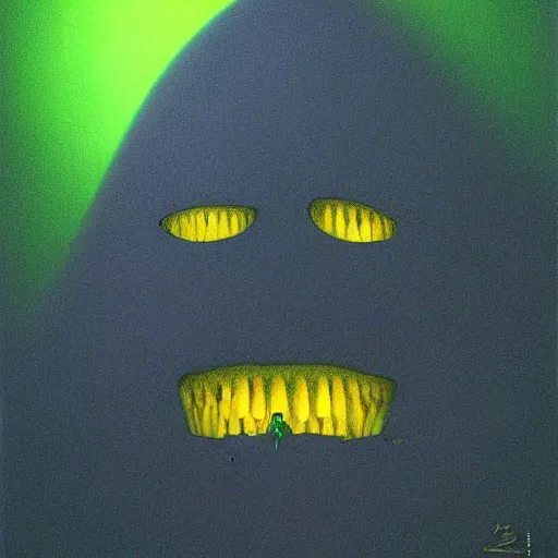 Image similar to Angry face made of yellow Swiss cheese, dark fantasy, green background, artstation, painted by Zdzisław Beksiński and Wayne Barlowe