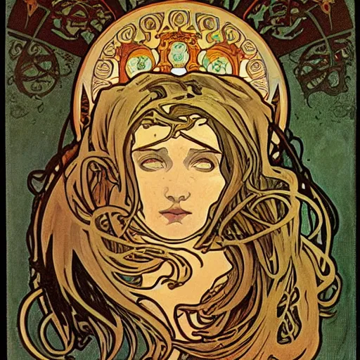 Image similar to lovecraftian protagonist by alphonse mucha