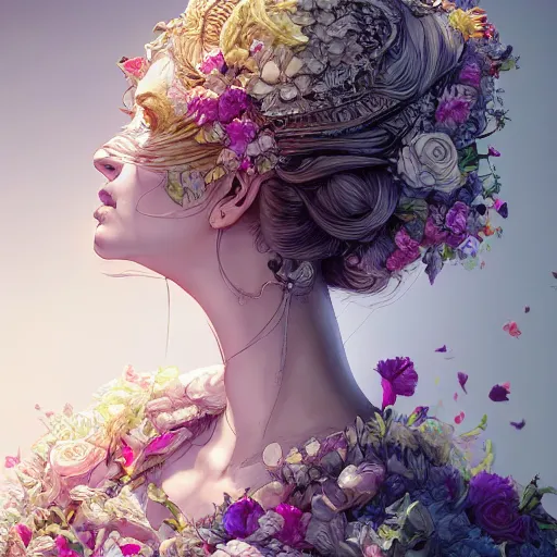 Image similar to the portrait of an absurdly beautiful, graceful, elegant, chaste, young woman made of petals looking up, an ultrafine detailed illustration by kim jung gi, irakli nadar, intricate linework, bright colors, octopath traveler, final fantasy, angular, unreal engine 5 highly rendered, global illumination, radiant light, detailed and intricate environment