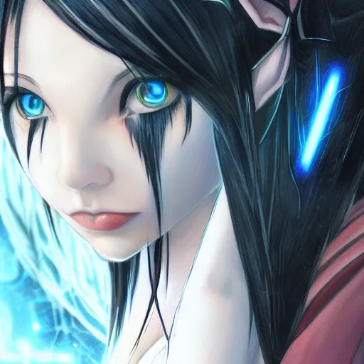 Image similar to young half - elf girl, black shoulder - length hair, blue eyes, cyborg