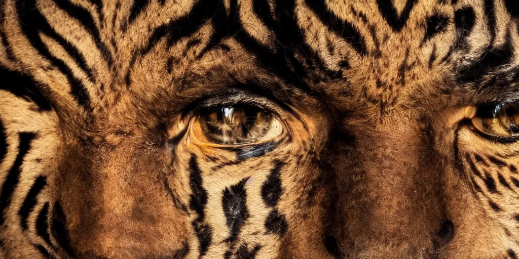 Image similar to vast desert, fierce looking dark - skinned tribal warrior with tiger eyes, close up