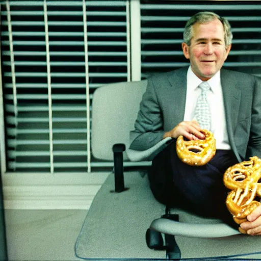 Prompt: George W. Bush holding a pretzel and contemplating mortality. CineStill.