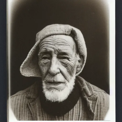 Prompt: polaroid photo of an older man, about 7 0 years old, with wrinkles on his face, looking towards infinity with a sad look, a two - day beard and a woolen cap while his lips are chapped by the sun, as well as his dark complexion