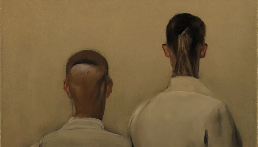 Prompt: painting by borremans, a man looks like mirroring himself, detailed, stunning