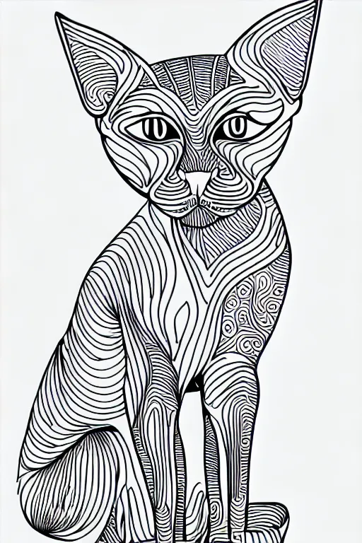 Image similar to sphynx cat egypt cat statue ornate luxury fractal ink drawing line art colouring page, vector, margins, fine lines, centered