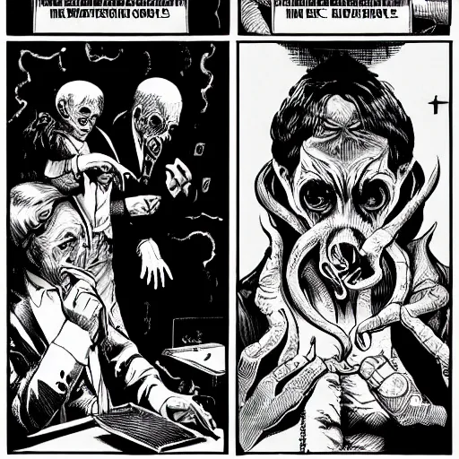 Image similar to Cthulhu as a modern day business man with a family and a drug and gambling addiction, necronomicon is the family Bible , Junji Ito and Greg rutkowski, psychedelic , 50s style infomercial , award winning , retro futuristic