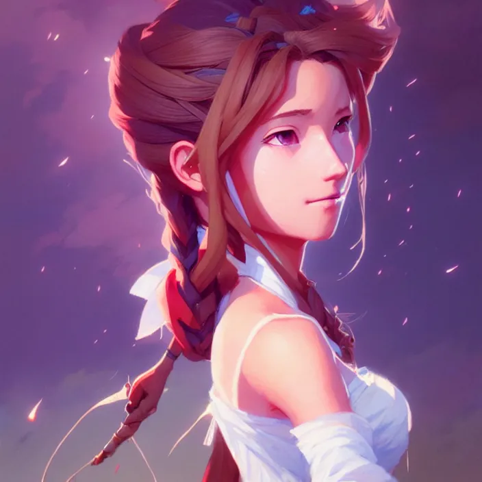 Image similar to super epically depicted color pencil portrait art of aerith gainsborough, by stephen bliss, greg rutkowski, loish, rhads, makoto shinkai and lois van baarle, ilya kuvshinov, rossdraws.