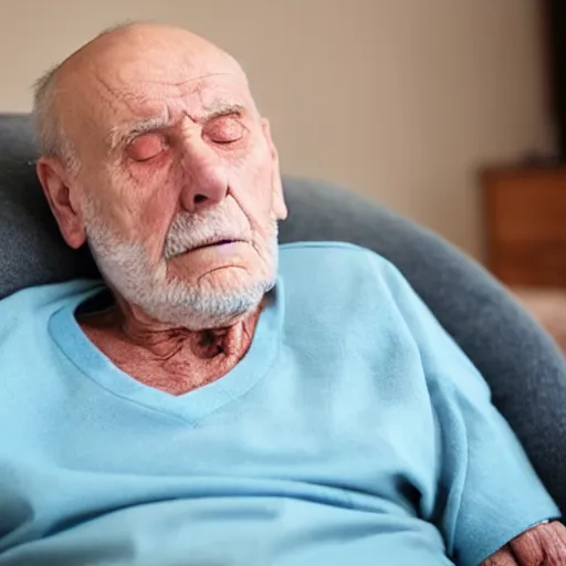 Image similar to man suffering from dementia in a nursing home, struggling to remember his loved ones