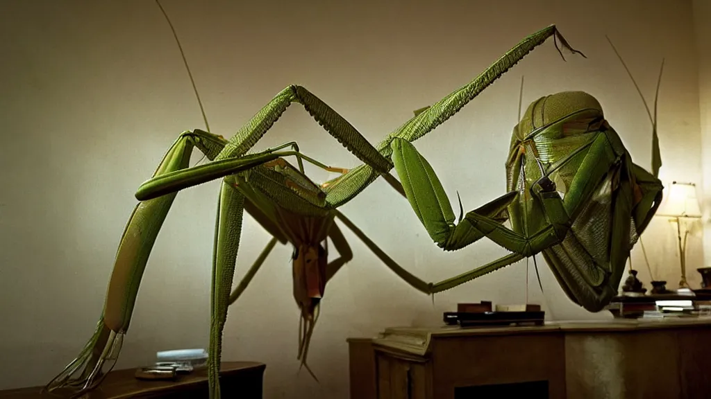 Image similar to the giant praying mantis head in the living room made of wax and water, film still from the movie directed by Denis Villeneuve with art direction by Salvador Dalí, wide lens