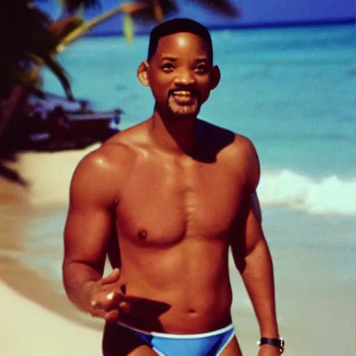Image similar to will smith wearing a pink speedo on a moonlit beach in miami in the 8 0 s, polaroid photo
