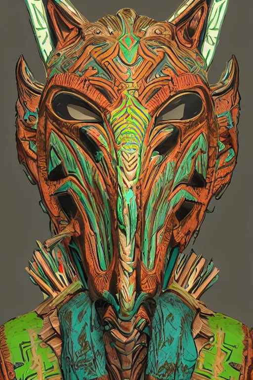 Image similar to totem animal tribal vodoo mask feather gemstone plant global illumination ray tracing hdr that looks like it is from borderlands and by feng zhu and loish and laurie greasley, victo ngai, andreas rocha, john harris