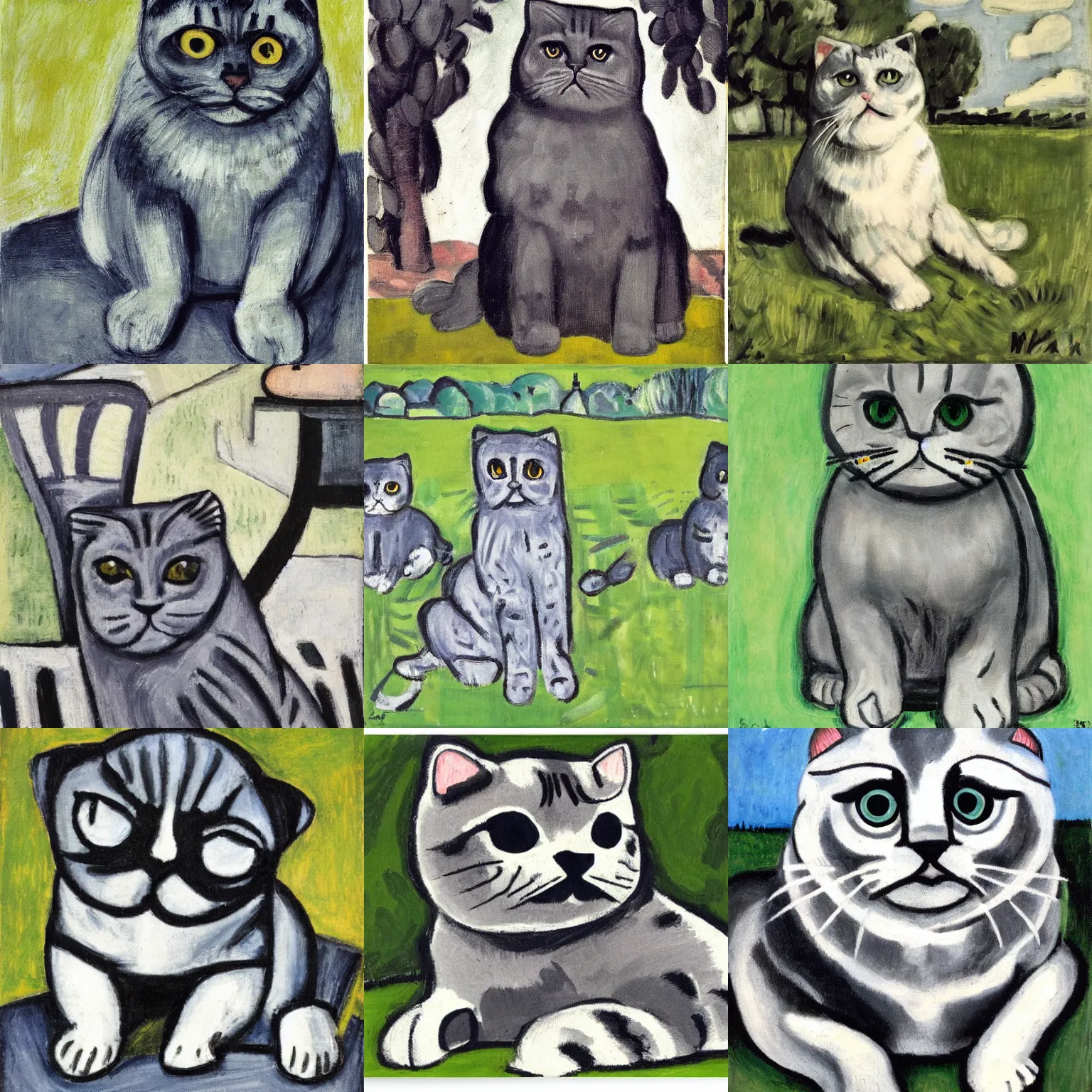 Prompt: dark grey monotone scottish fold sitting in the middle of sunny meadow, by Max Beckmann