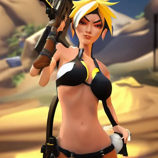 tracer game character, in black bikini, blonde hair