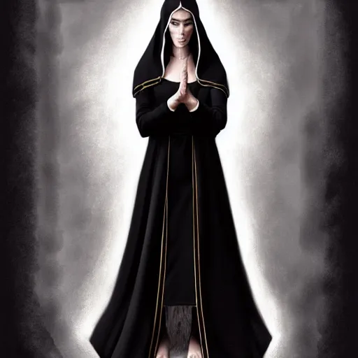 Prompt: portrait of megan fox as a nun, in tight black robe, muscular upper body, collar, greek, jewelry, black dress, fantasy, intricate, elegant, highly detailed, digital painting, artstation, concept art, matte, sharp focus, illustration, art by aenaluck and roberto ferri and greg rutkowski, epic fantasy, digital painting