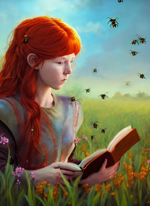 Prompt: An epic fantasy comic book style portrait painting of a young red headed girl reading a book in a field of flowers surrounded by bees, unreal 5, DAZ, hyperrealistic, octane render, cosplay, RPG portrait, dynamic lighting