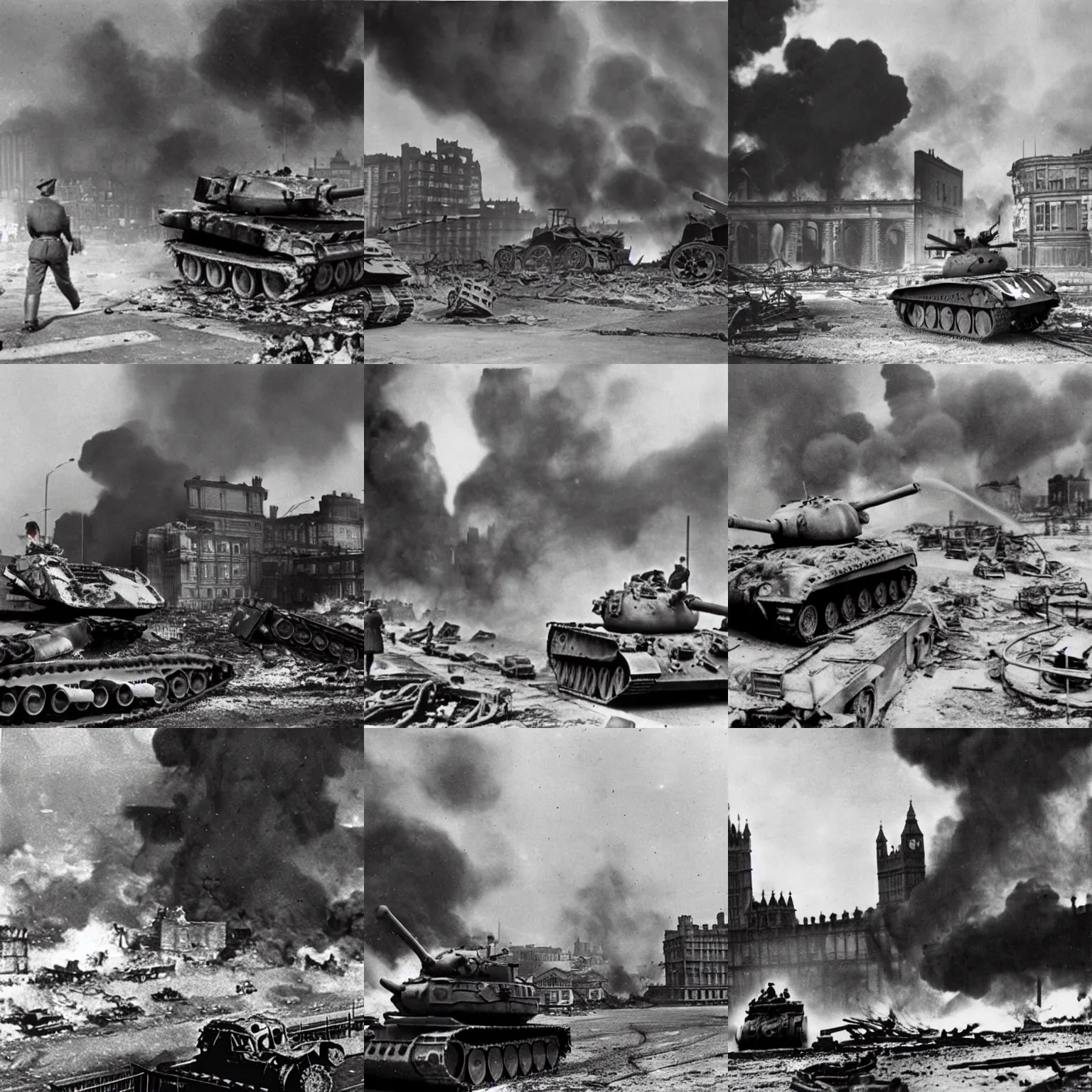 Prompt: Tank drives through the burning ruins of London, 1945