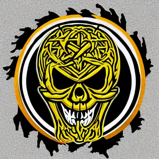 Image similar to death metal themed skull shaped microphone vector logo for a record label, dark, horrorcore, grunge, dark forest, ent, symmetrical golden ratio