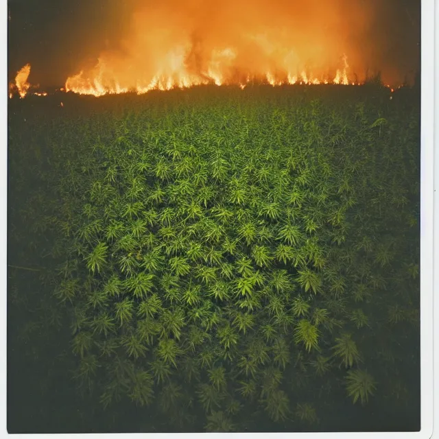 Image similar to field of cannabis burning on fire at night, forest fire, polaroid