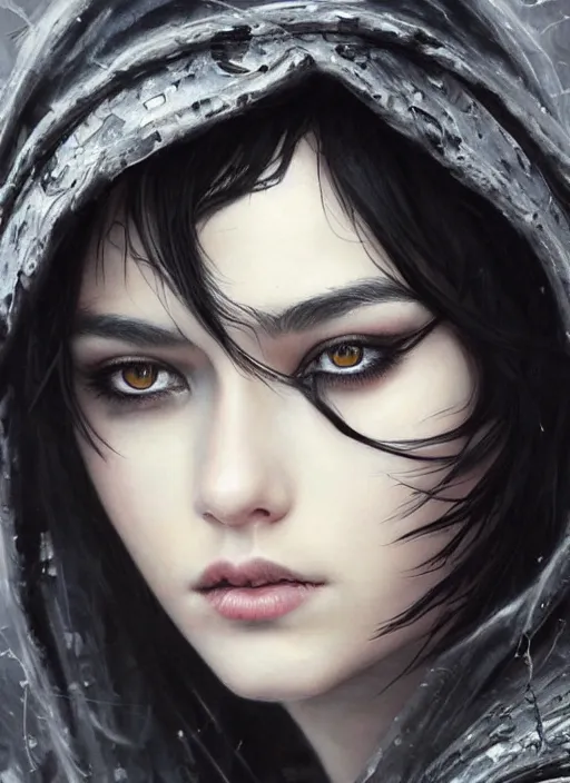 Prompt: a teenage girl with very short black hair and a huge cloak made of grey and black raven feathers. mist swirls around her. beautiful highly detailed face. beautiful painting by artgerm and greg rutkowski and raymond swanland