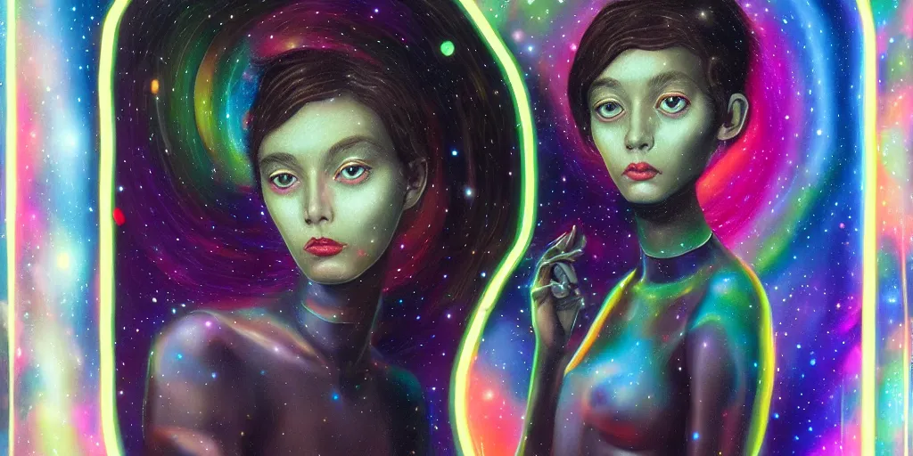 Image similar to patron saint of 🛸🌈👩🏾, futuristic iridescent clothing, wormhole, nebula, black hole, aries constellation, multiverse, neon god of city character portrait, in the style of margaret keane, moebius, tom bagshaw, and waterhouse, cinematic lighting, beautiful, elegant, oil painting,