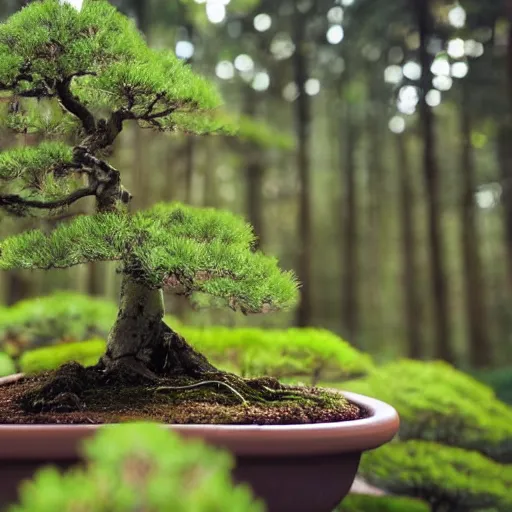 Image similar to a realistic bonsai dense forest on a pot, photography, focus