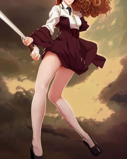 Prompt: pinup anime art of hermione granger by emma watson in the hogwarts, seductive hermione by a - 1 pictures, by greg rutkowski, gil elvgren, artgerm, enoch bolles, glossy skin, pearlescent, anime, very coherent, flat, ecchi anime style