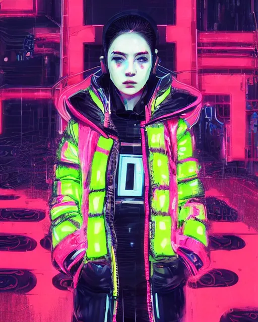 Image similar to detailed portrait Neon Operator Girl, cyberpunk futuristic neon, reflective puffer jacket, black leggings, decorated with traditional Japanese ornaments by Ismail inceoglu dragan bibin hans thoma !dream detailed portrait Neon Operator Girl, cyberpunk futuristic neon, reflective puffy coat, decorated with traditional Japanese ornaments by Ismail inceoglu dragan bibin hans thoma greg rutkowski Alexandros Pyromallis Nekro Rene Maritte Illustrated, Perfect face, fine details, realistic shaded, fine-face, pretty face