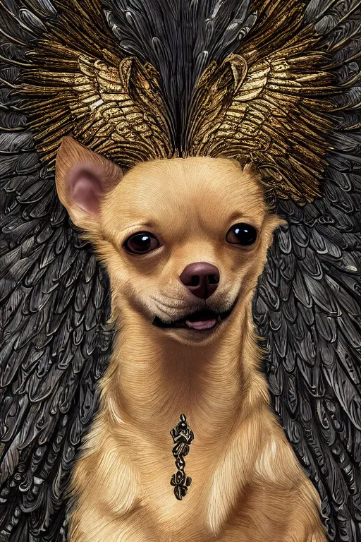 Image similar to God had dog Chihuahua's head, a radiant halo and wings, detailed face, gorgeous, flowing hair, very muscular male body, partial anatomy, stormy and grand war scene, delicate and intricate borders for decoration, caesar victorious, proud Emperor, split lighting, character close-up, intricate, highly detailed, 8K, digital painting, fantasy, concept art, sharp focus, art by greg rutkowski beeple and alphonse mucha