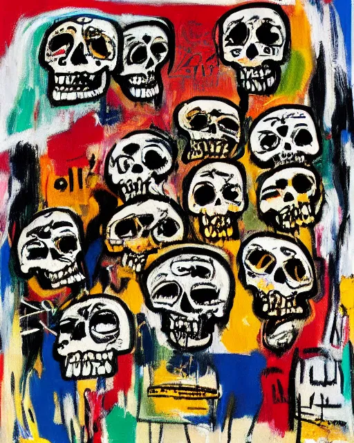 Prompt: oil neo expressionism painting of skull skeletons singing in the choir by basquiat